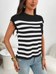 Striped Mock Neck Cap Sleeve Knit Top - kinko