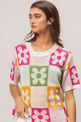 BiBi Flower Checker Pattern Lightweight Sweater Top - kinko