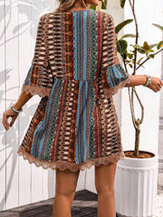 Lace Trim Printed V-Neck 3/4 Sleeve Dress - kinko