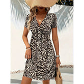 Women's Vibrant Leopard Print Twist Front V Neck Casual Summer Short Sleeve Bodycon Mini Dresses - kinko