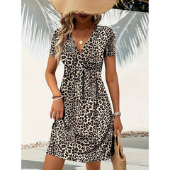 Women's Vibrant Leopard Print Twist Front V Neck Casual Summer Short Sleeve Bodycon Mini Dresses - kinko