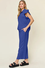 Double Take Texture Ruffle Short Sleeve Top and Drawstring Wide Leg Pants Set - kinko