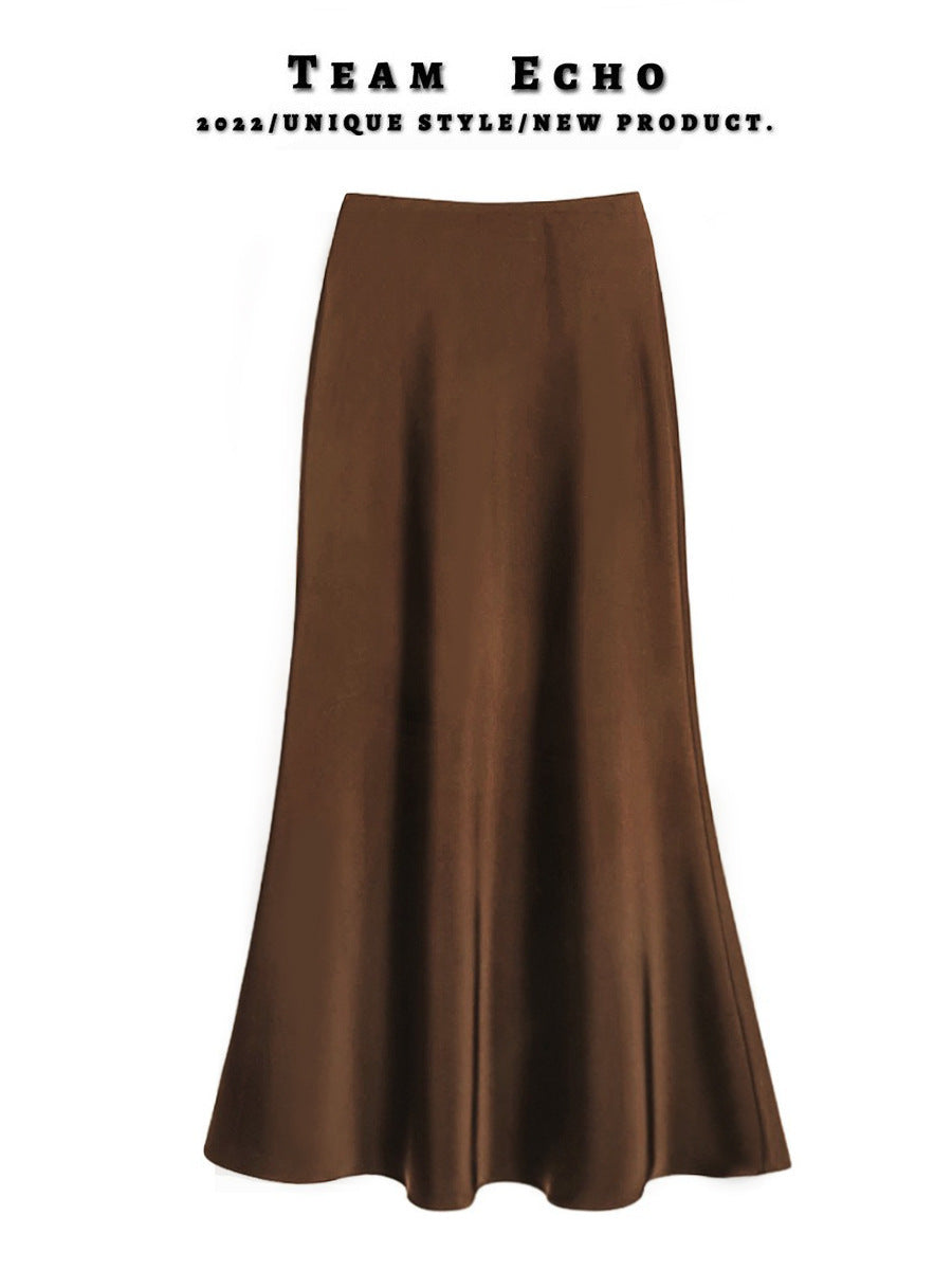 High Waist Slimming Mid-length Satin Acetate Silky Skirt - kinko