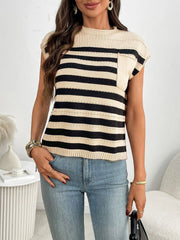 Striped Mock Neck Cap Sleeve Knit Top - kinko