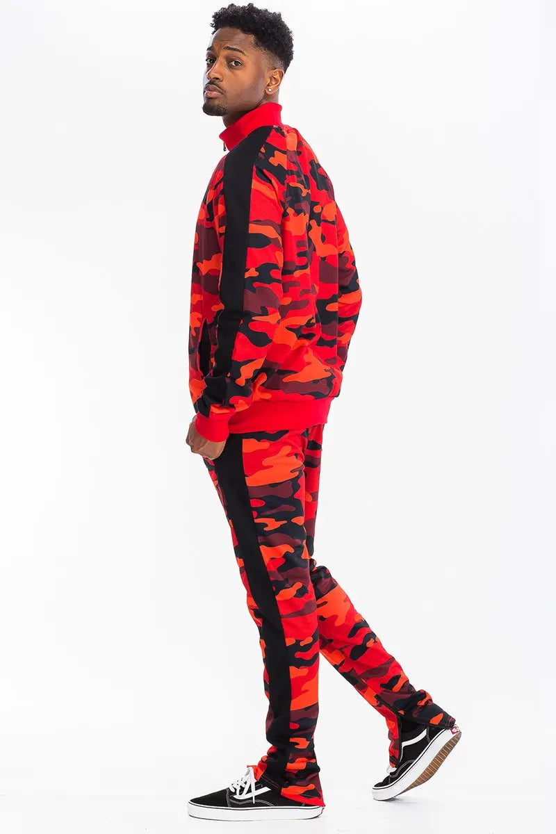 WEIV Men's Full Size Camo Side Stripe Jacket and Pant Set Plus Size - kinko