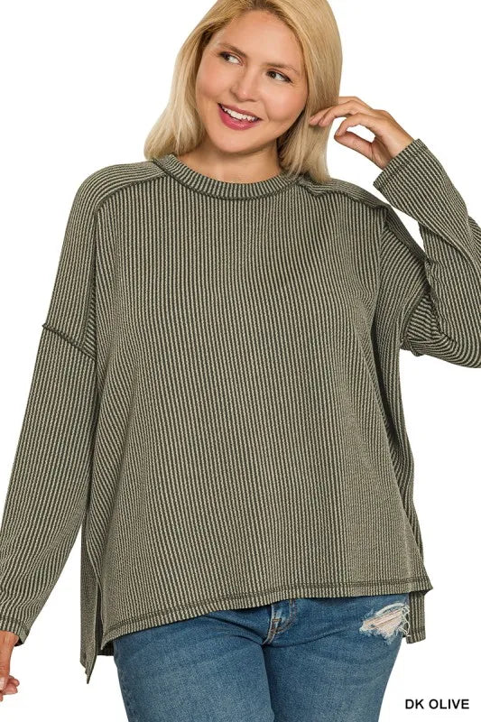Zenana Full Size Exposed Seam Long Sleeve Corded Rib Knit Top Plus Size - kinko