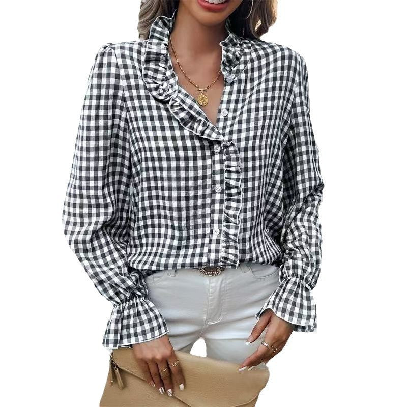 Women's French-style Plaid Shirt With Wooden Ears - kinko