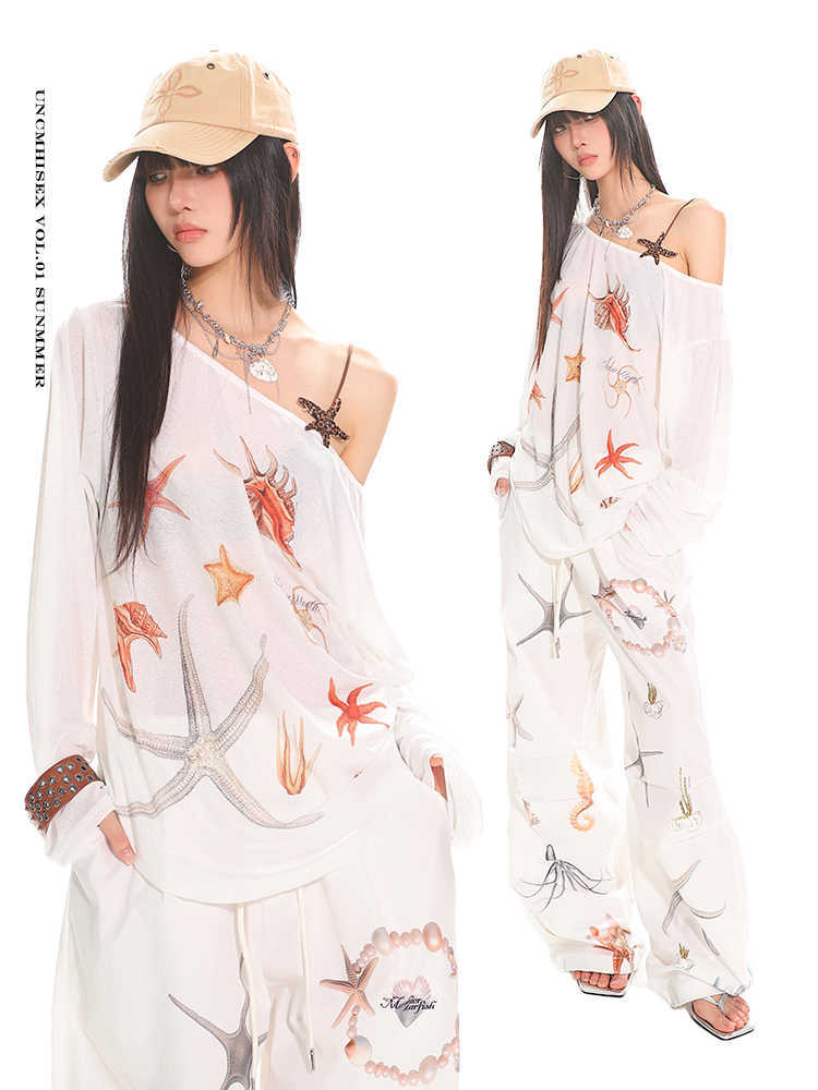 Diagonal Collar Long Sleeve T-shirt Printed See-through Loose Blouse - kinko