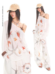 Diagonal Collar Long Sleeve T-shirt Printed See-through Loose Blouse - kinko