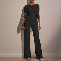 Women's Elegant Round Neck Jumpsuit - Mid-Sleeve With Side Slit Cuffs & Pearl Accents, Back Zipper Design For Casual To Formal Events - kinko