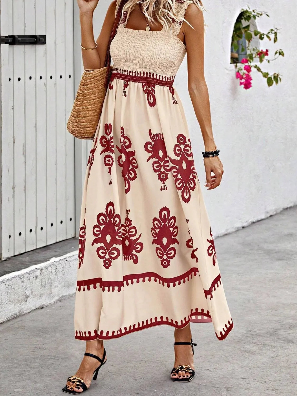 Smocked Printed Wide Strap Maxi Dress - kinko