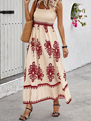 Smocked Printed Wide Strap Maxi Dress - kinko