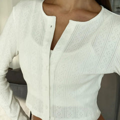 Cropped Knitted Cotton Jacquard Long-sleeved Trousers Cardigan Three-piece Set - kinko