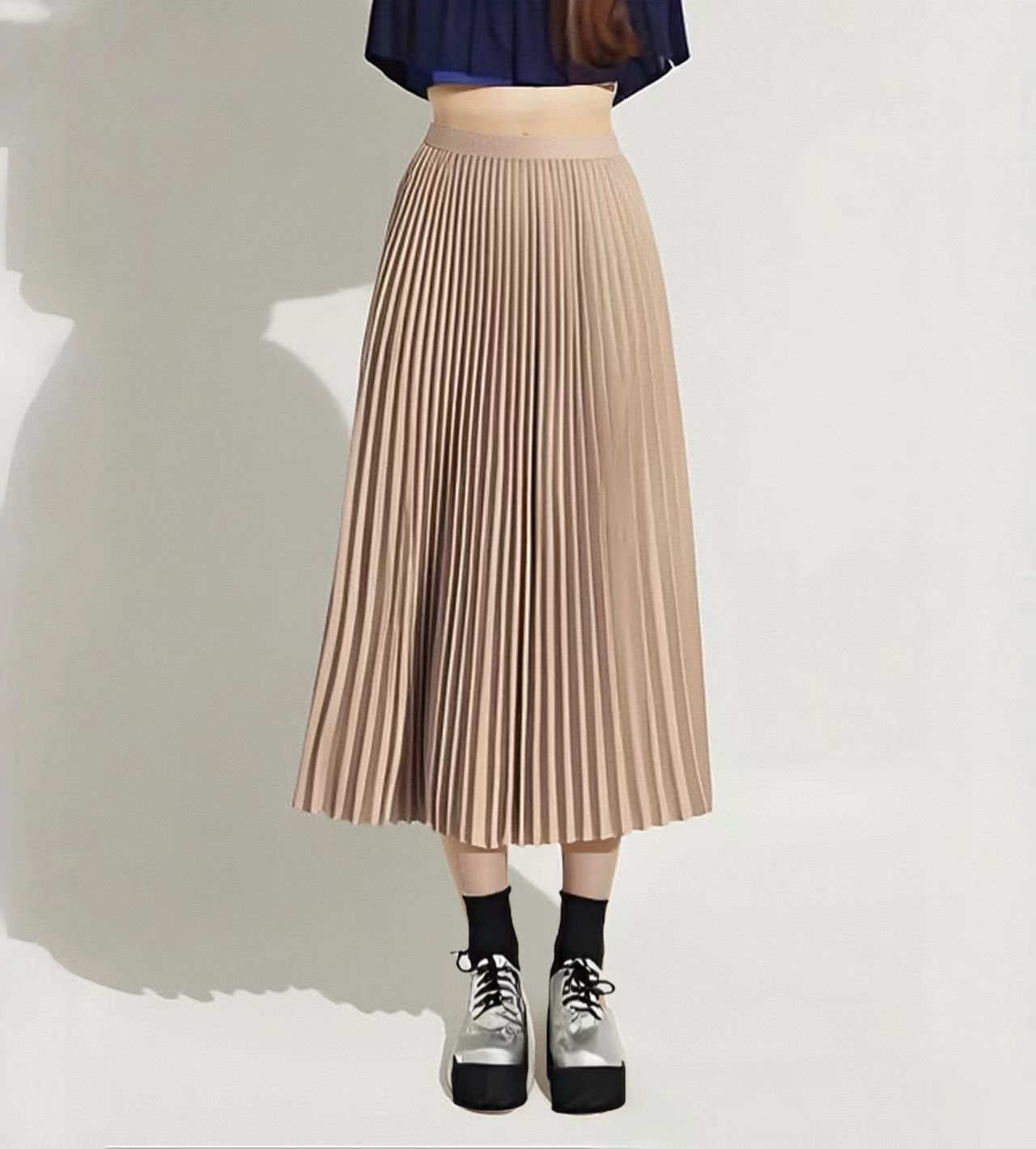 Summer Mid-length Elastic High Waist Slim-fit Pleated Skirt - kinko