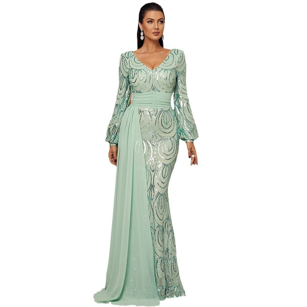 Long Sleeve Sexy Long Sequined V-neck Banquet Ribbon Evening Dress - kinko