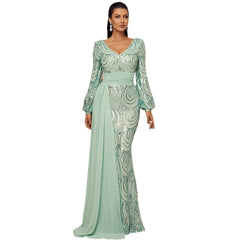 Long Sleeve Sexy Long Sequined V-neck Banquet Ribbon Evening Dress - kinko