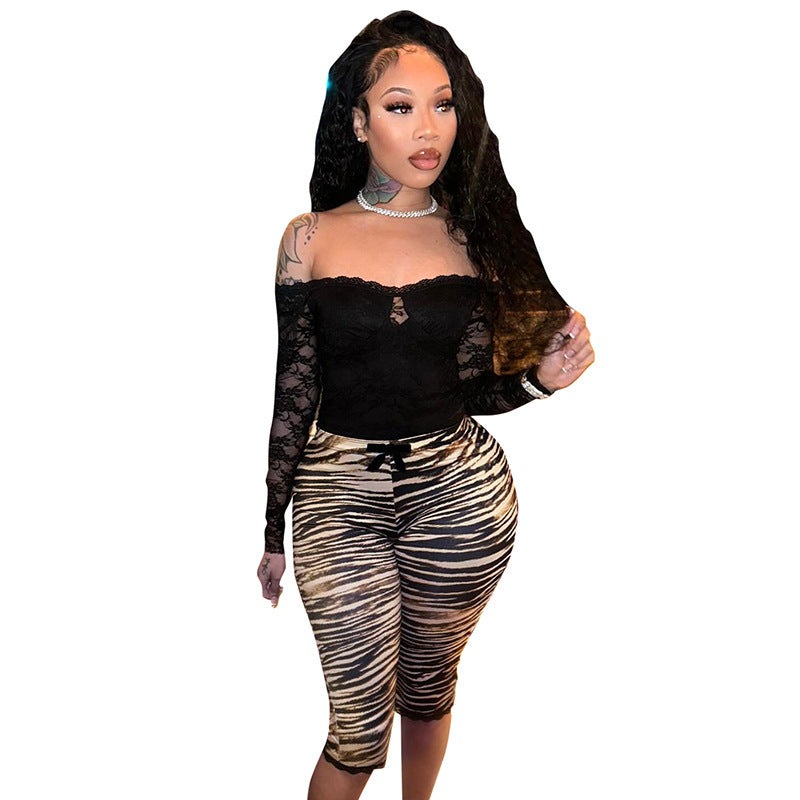 Sexy Lace Leopard Print Cropped Tight Straight-leg Pants - kinko