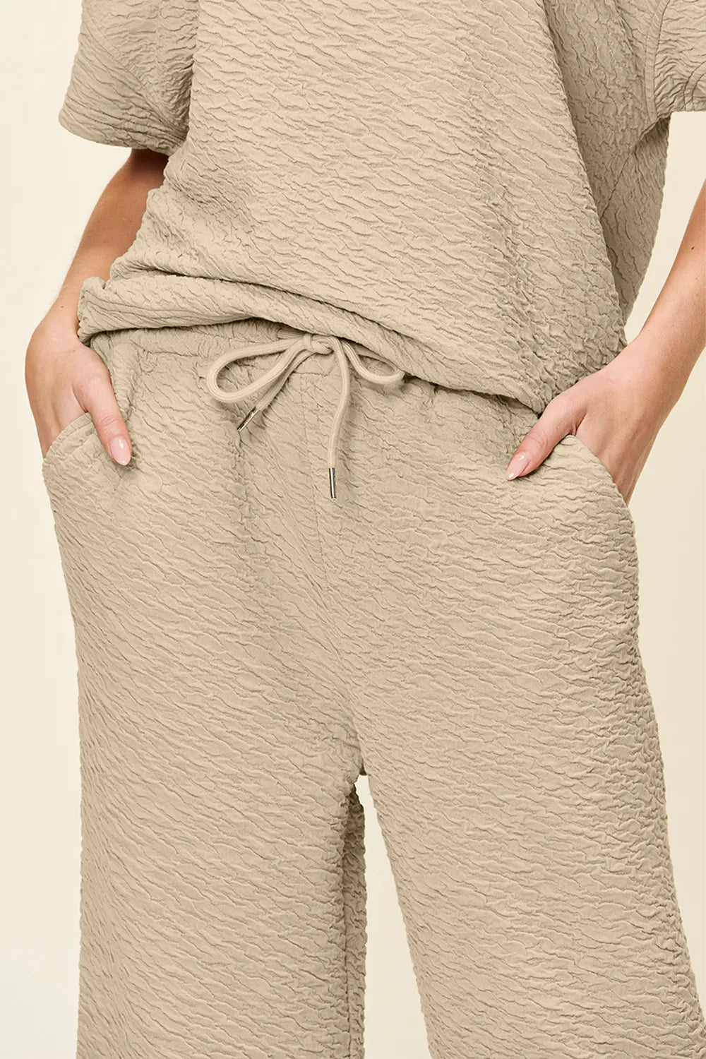 Double Take Full Size Texture Short Sleeve Top and Pants Set - kinko