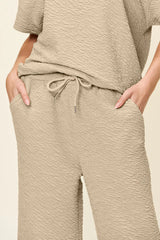 Double Take Full Size Texture Short Sleeve Top and Pants Set - kinko