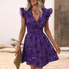 New Flowers Print Ruffled Sleeveless Dress Summer Sexy Deep V-neck Slim-waist Short Dresses For Womens Clothing - kinko