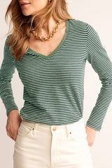 Green Stripe V Neck Stretchy Long Sleeve Top - kinko