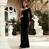 Long Sleeve Diagonal Collar Sexy Cutout Banquet Sheath Velvet Evening Dress - kinko