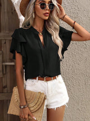 Ruffle Sleeve Notched Blouse - kinko
