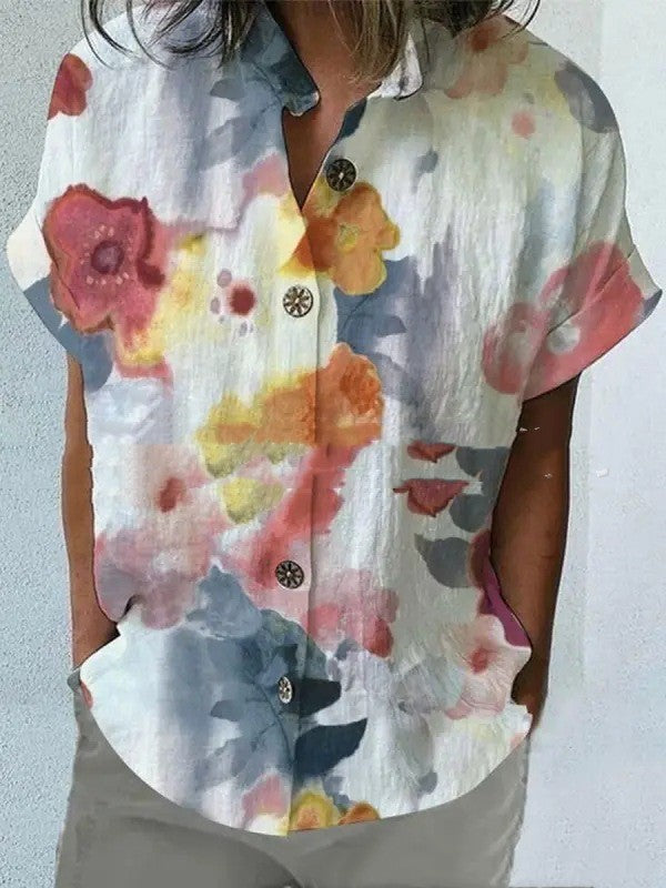 Casual Loose Floral Print Short Sleeve Shirt - kinko