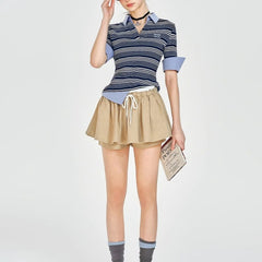 Wear Khaki Low Waist Drawstring Lace Puff Short Skirt - kinko