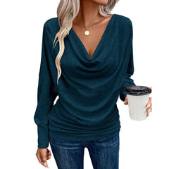 Women's V-neck Pile Collar Solid Color Knitted Long Sleeve Loose T-shirt - kinko