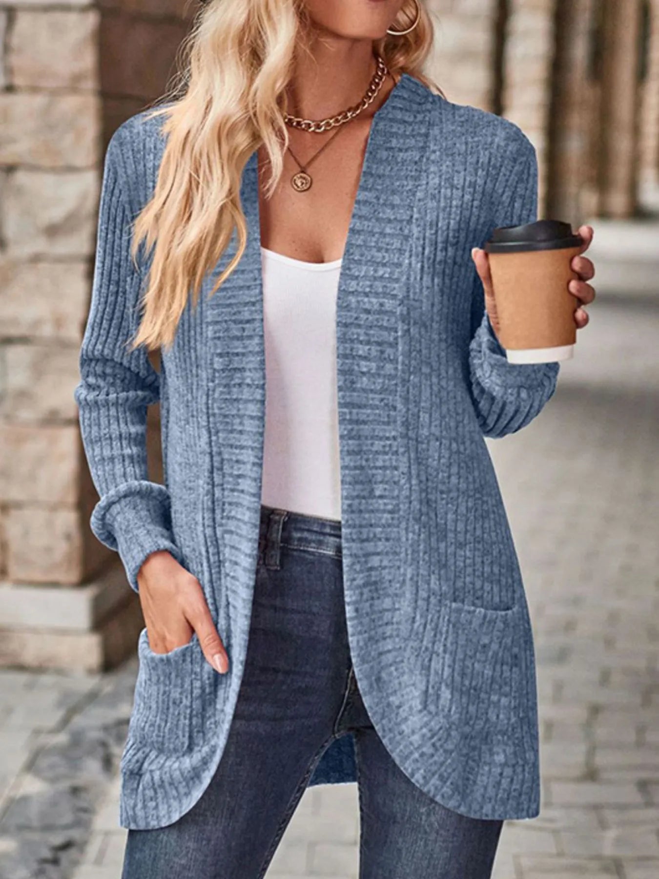 Ribbed Knit Open Front Cardigan with Pockets - kinko