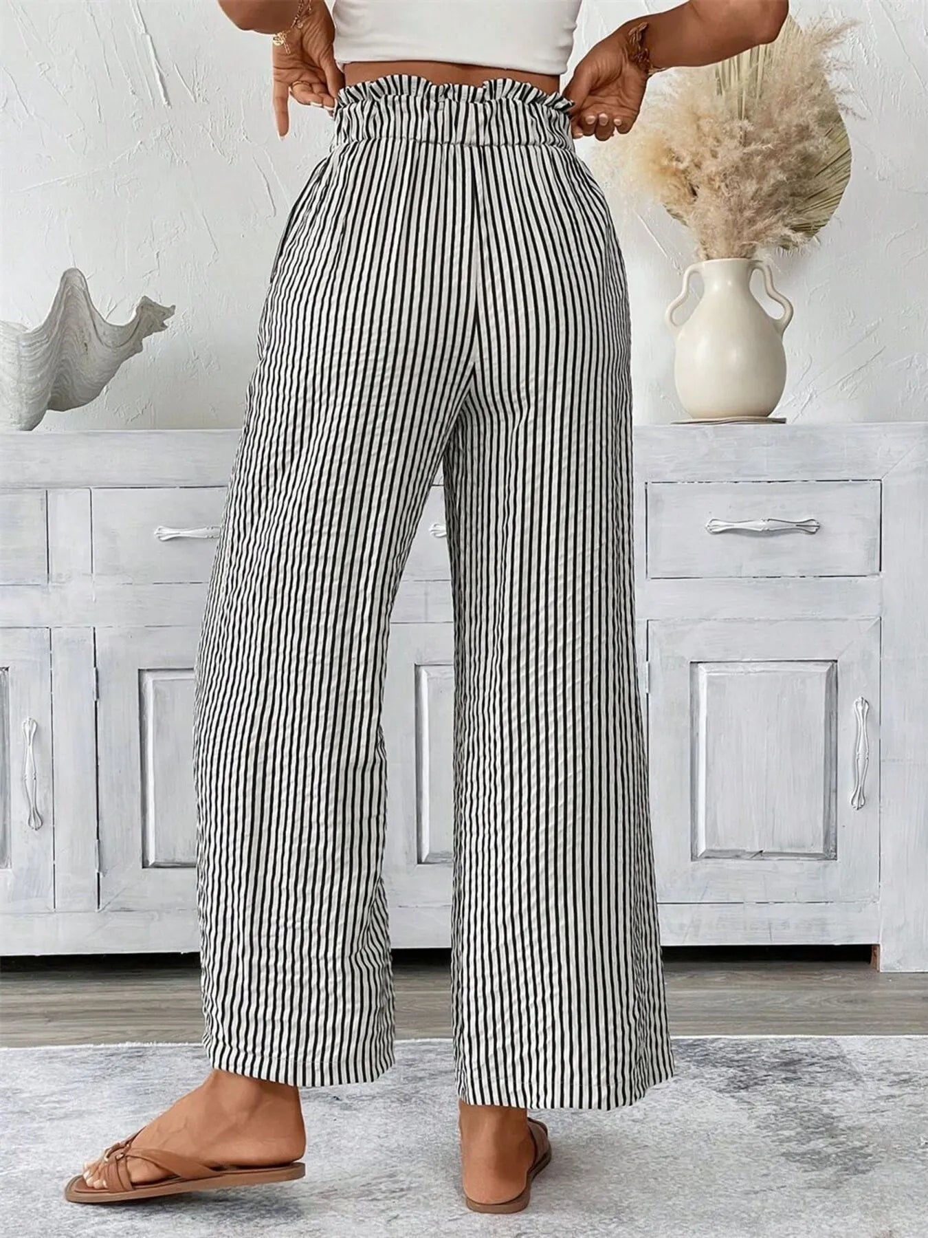 Full Size Striped Wide Leg Paper Bag Pants Plus Size - kinko