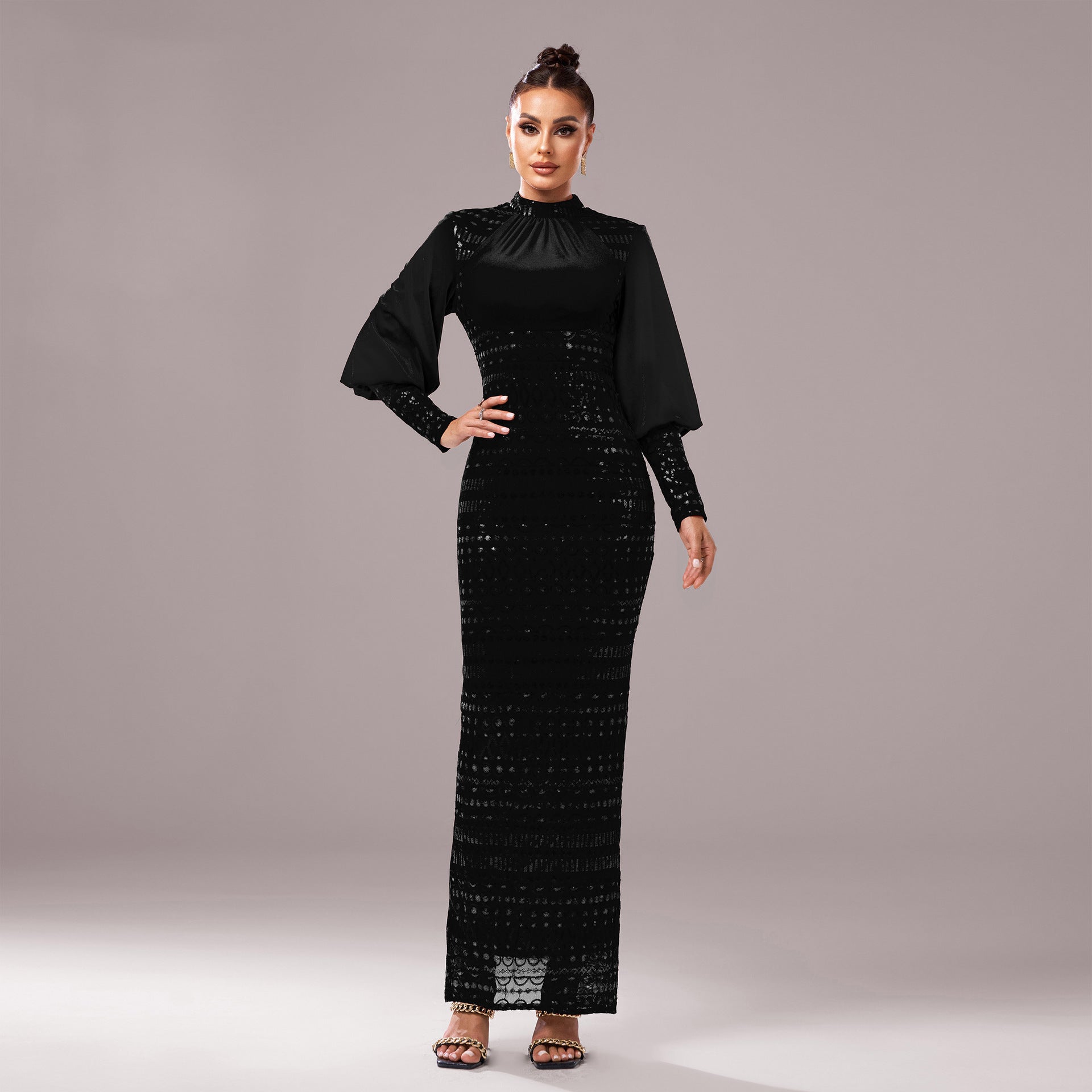 Long Sleeve Round Neck Sequins Slit Evening Dress - kinko