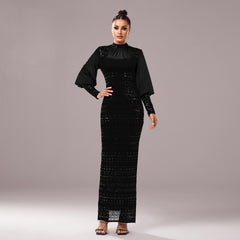 Long Sleeve Round Neck Sequins Slit Evening Dress - kinko