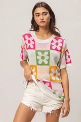 BiBi Flower Checker Pattern Lightweight Sweater Top - kinko