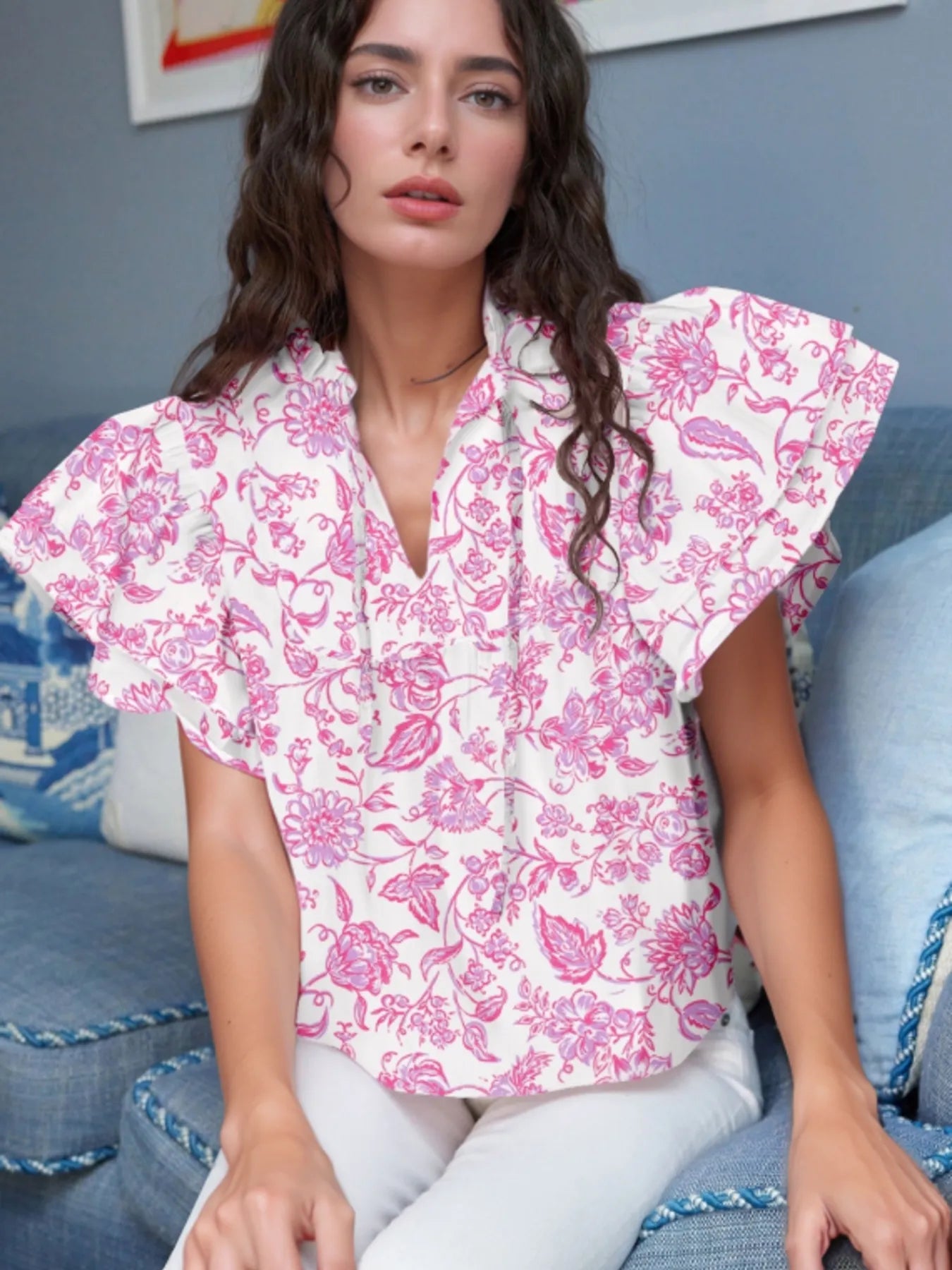 Floral Butterfly Sleeve Blouse - kinko
