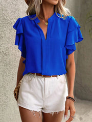 Ruffle Sleeve Notched Blouse - kinko