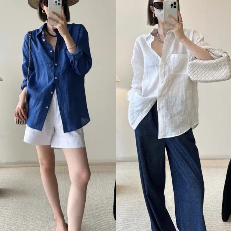 Long Linen Sleeves Thin Shirt Outer Sun Top - kinko