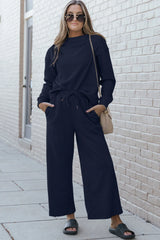 Double Take Full Size Textured Long Sleeve Top and Drawstring Pants Set - kinko