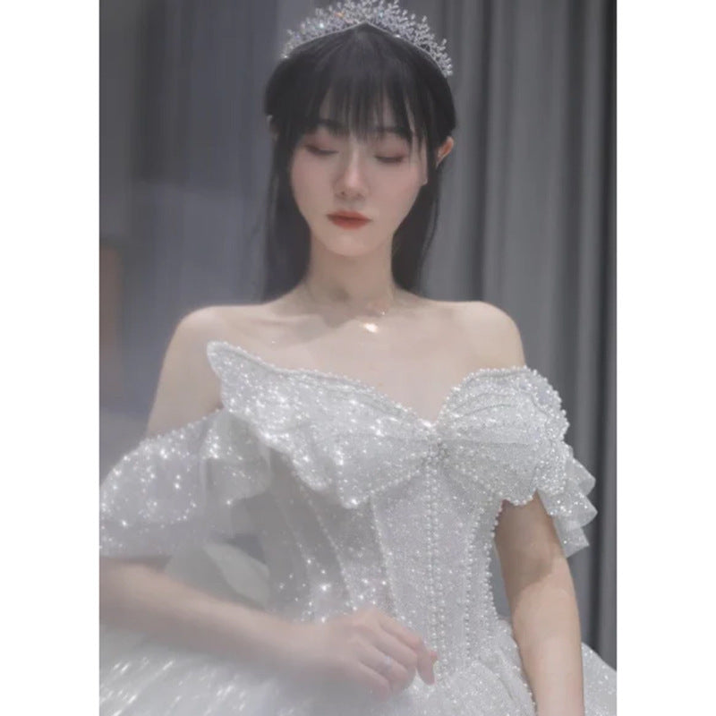 One-shoulder High-quality Long Trailing Heavy Industry Retro Wedding Dress - kinko