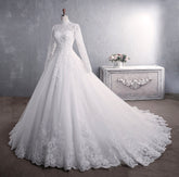 Lace Wedding Dress Bridal Stand-up Collar Long-sleeved Large Tail Large Size - kinko