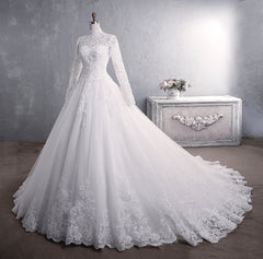 Lace Wedding Dress Bridal Stand-up Collar Long-sleeved Large Tail Large Size - kinko
