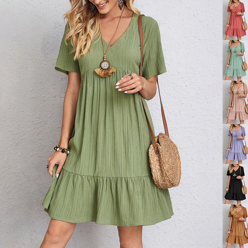 V-neck Short Sleeve Dress Summer Fashion Casual Loose Ruffled Dresses Beach Clothing Women - kinko