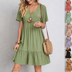 V-neck Short Sleeve Dress Summer Fashion Casual Loose Ruffled Dresses Beach Clothing Women - kinko