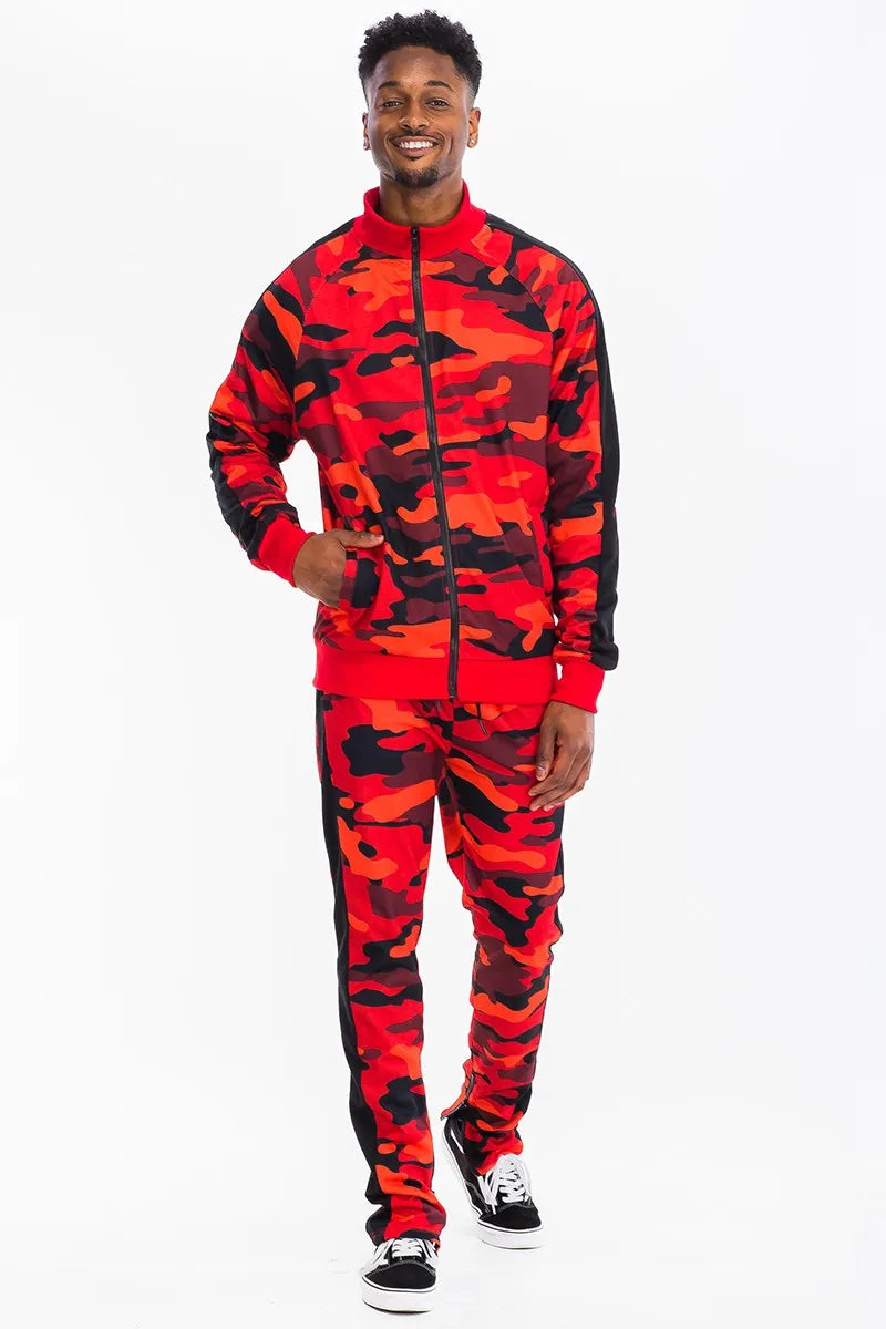WEIV Men's Full Size Camo Side Stripe Jacket and Pant Set Plus Size - kinko