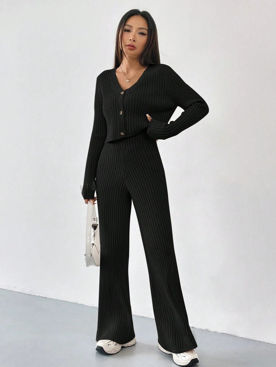 Solid Color Knitted Two-piece Women's V-neck Short Knitted Cardigan Bootcut Trousers Versatile Casual Women's Clothing - kinko