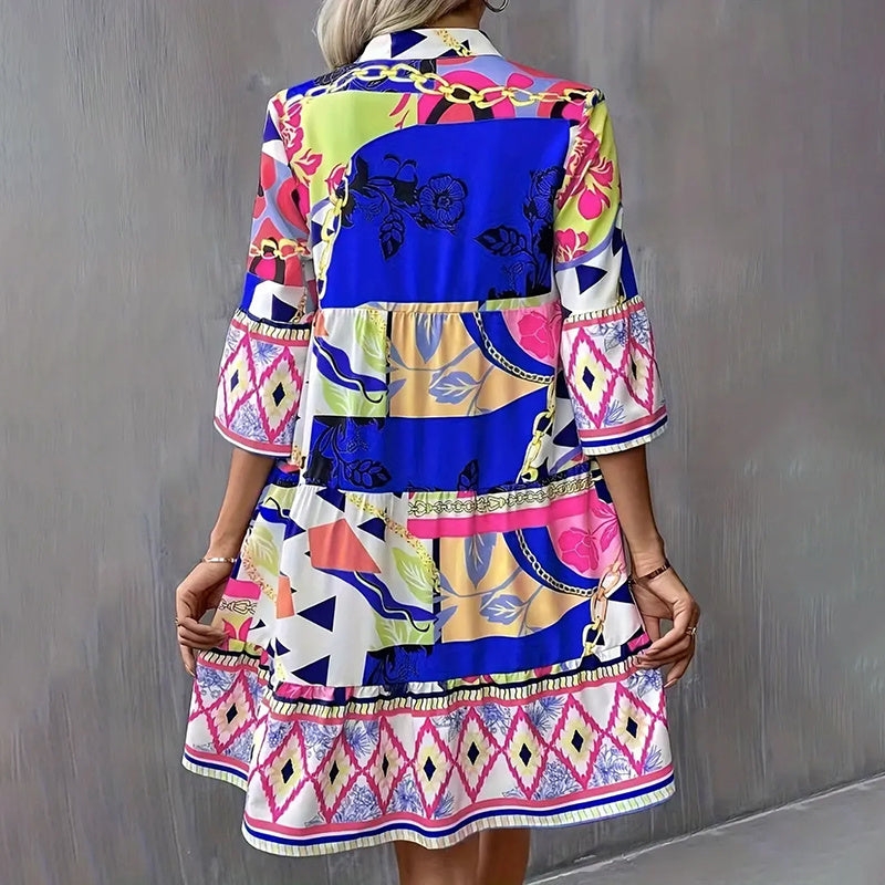 Womens Mini Dress Casual V-Neck Printed Flared Sleeve Pleated Short Beach Dresses - kinko