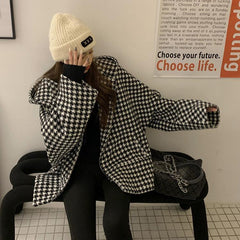 Female Houndstooth Embroidered Baseball Uniform Fall Winter Coat