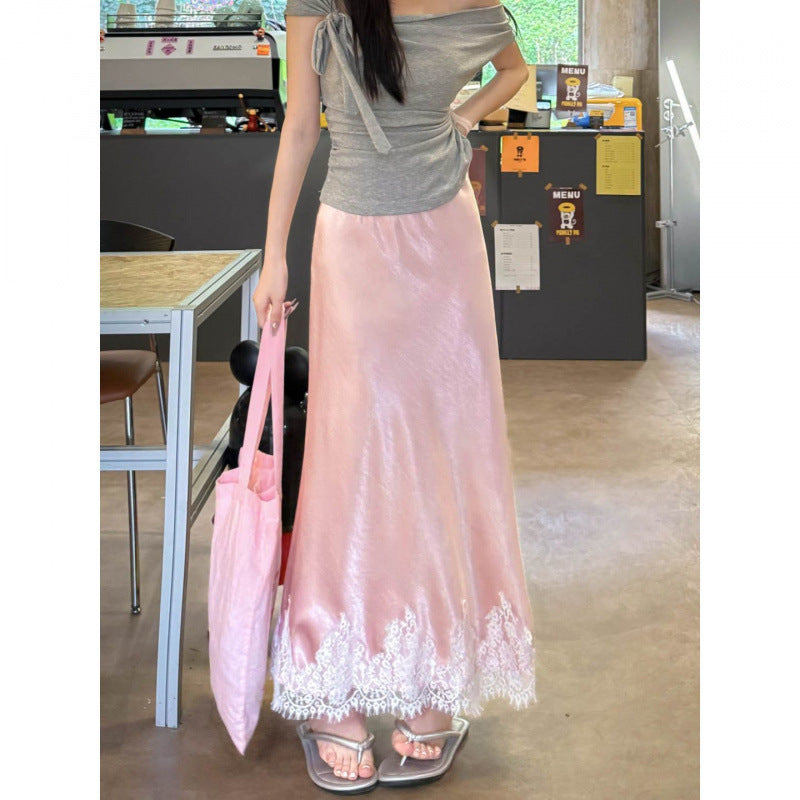 Spring And Summer Lace Acetate Satin Fishtail Skirt For Women - kinko