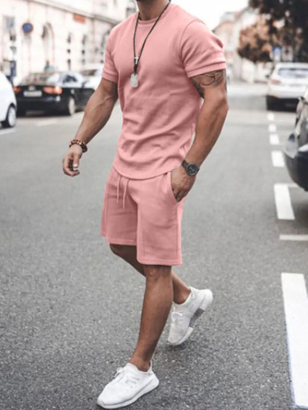 Men's Plus Size Round Neck Short Sleeve Top and Shorts Set - kinko
